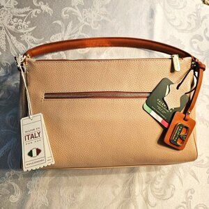 VALENTINA Smooth Italian Pebbled Leather Crossbody, Beige/Cream, New/Tags